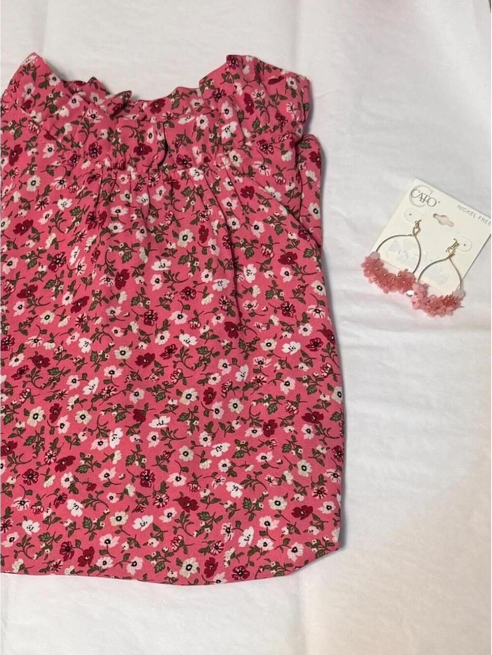 Ann Taylor Pink Floral Blouse, Size Medium & Pair of Pink Floral Earrings